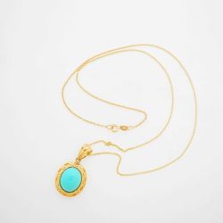 14K Yellow Gold 18 Inches Chain with Oval Blue Turquoise Pendant #23303