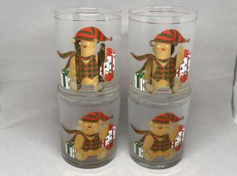 NEW Set 4 Culver Christmas 22K Gold Plated Teddy Bear Frosted Glasses 14oz
