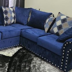 Blue Velvet Sectional Couch With (11) Pillows