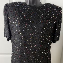 Vintage Lawrence Kazar Black Silk Beaded Sequin Dress XL Made in India