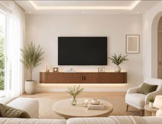 TV Stand with Sliding Doors, 63" Fluted TV Console with LED Lights, Wall Mounted TV Stand for TVs up to 75 Inch, Under TV Cabinet Media Entertainment 