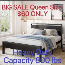 BIG SALE Queen Size Bed Frame, Heavy Duty Metal Platform Bed with Wooden Headboard & Footboard, Blac