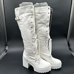 (NEW) Women’s White Tall Lace Up Chunk Heel Boots