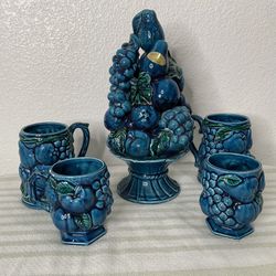 Vintage  Inarco "Mood Indigo" blue ceramic fruit topiary sculpture or centerpiece with Coffee Cups And Mug Cups 