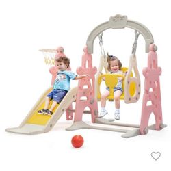 4 in. 1 Kids Slide and Swing Set Toddler Climber Playset Indoor Outdoor Playground, Pink and Grey