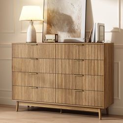 M351-CARPETNAL Fluted 8 Drawer Dresser for Bedroom, 55" Wide Wooden Chest of Drawers with Rounded Corners, Gold Handles, Modern Storage Organizer for 