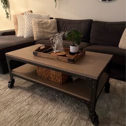 Industrial Coffee Table w/ Wheels – Wood & Metal (Excellent Condition)