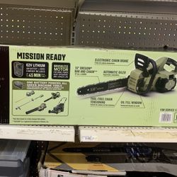 Green Machine 62V Brushless 16 in. Battery Chainsaw Auto-tensioning system, easy trigger start with 4 Ah Battery and Charger