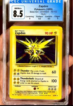 1999 POKEMON BASE SET UNLIMITED #16 ZAPDOS-HOLO CGC 8.5 Strong subgrades
