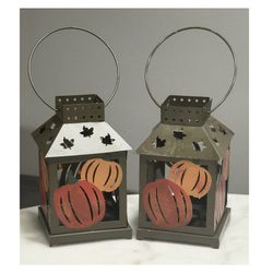 2pcs Fall Harvest Autumn Metal Lantern Candle Holder Decor  (not including candles)  Measurements: Approx: 5" Length x 7.5" Height  Whitestone/Flushin