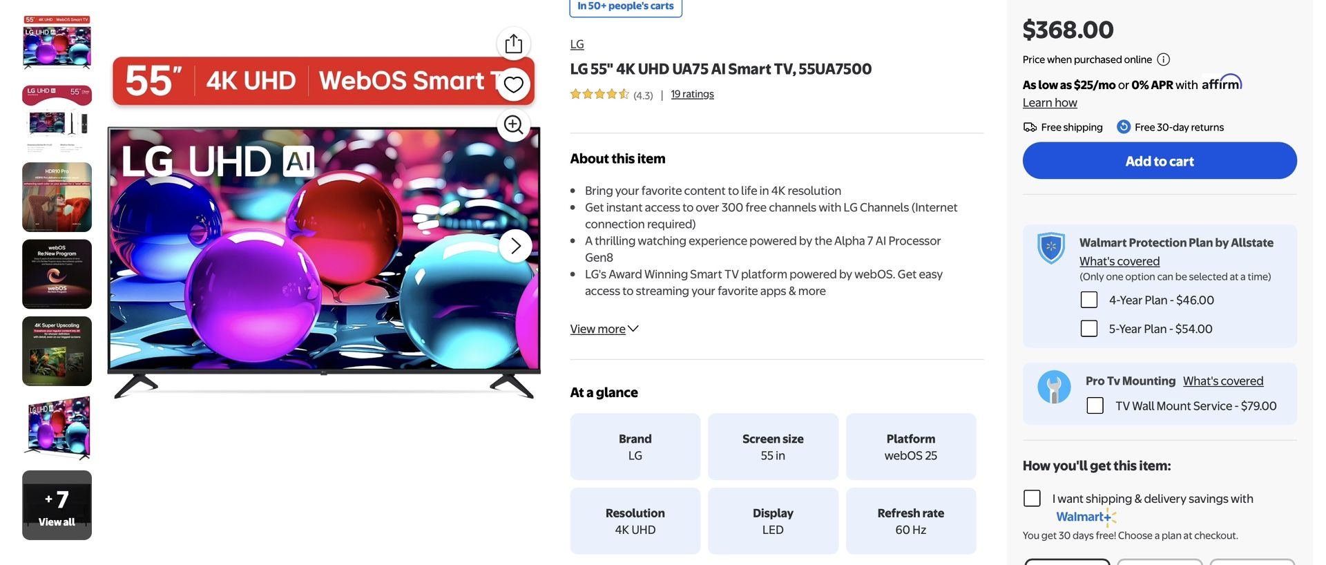 LG 55” 4K UHD UA75 AI Smart TV, 55UA7500 - $150.00