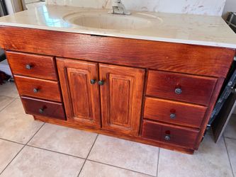 Used vintage hardwood BATHROOM VANITY with a countertop and a faucet <>< Sturdy, in good shape
