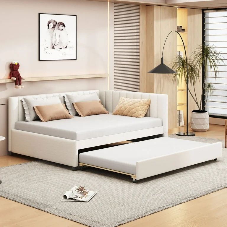 NEW Beige Full Size Upholstered Wooden Daybed with Twin Size Linen Fabric Trundle Sofa Bed Frame