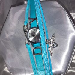 Fashion Baby blue Leather Silver Watch Charm Bracelet