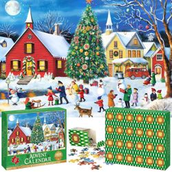  Advent Calendar 2024 Jigsaw Puzzles for Adults and Kids, 24 Boxes 1000 Pieces Christmas Puzzle - Snow Village, Christmas Countdown Calen