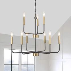 9 Lights Industrial Black and Gold 2-Tier Height Adjustable Candle Chandelier