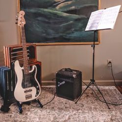 Amplifier, Guitar Stand, Portable Music Stand, and Squier Guitar By Fender Precision Bass Affinty Series 