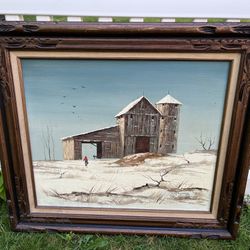 Philip S. Whitney Signed Painting Barn Snow Listed Artist  Framed