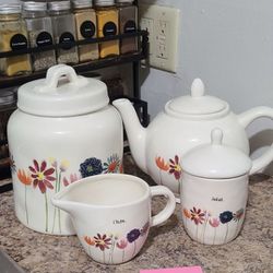 Rae Dunn Rare Mother's Day 2018 Floral Teapot Canister Cream Sugar Set Of 4