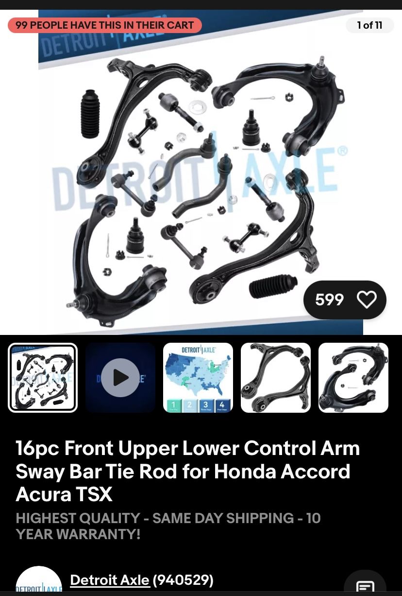 16pc Front Upper Lower Control Arm Sway Bar Tie Rod for Honda Accord Acura TSX