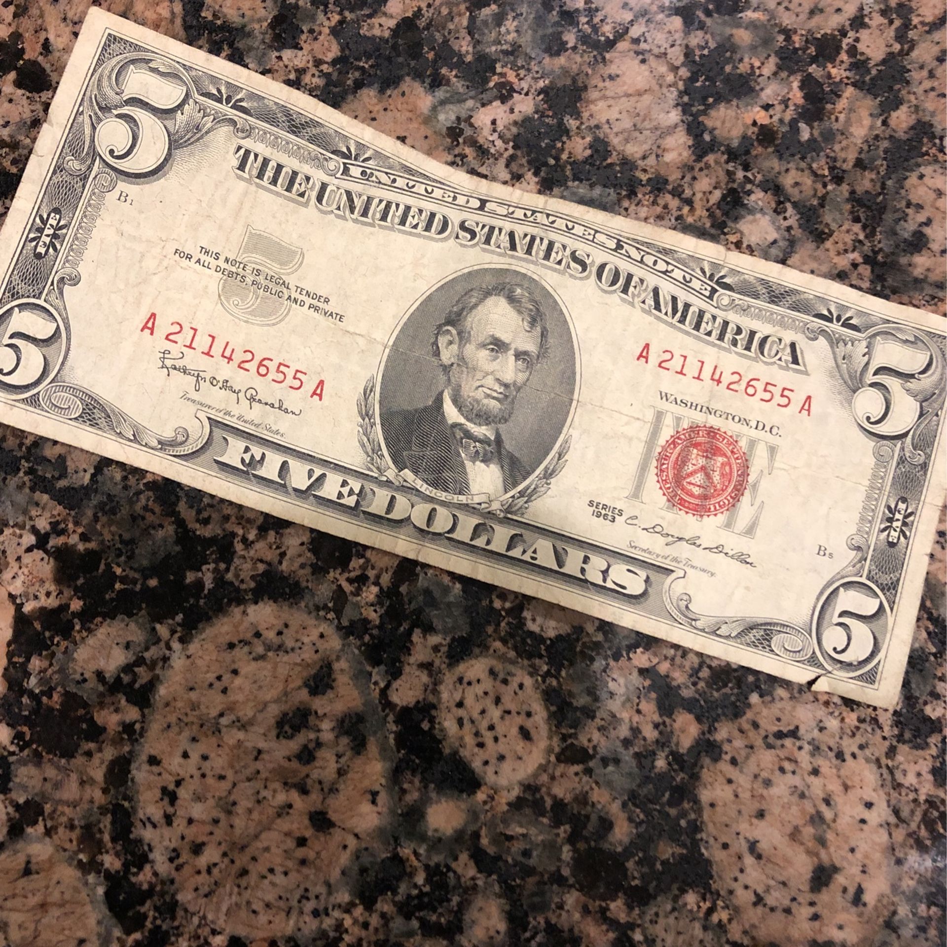 Vintage 1963 Red Seal 5 Dollars
