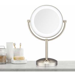 Conair Reflections Double-Sided LED Lighted Tabletop Mount Vanity Makeup Mirror, 1x/10x Magnification, Satin Nickel (Rechargeable