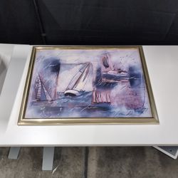 Blue Abstract Sailboat Framed Artwork