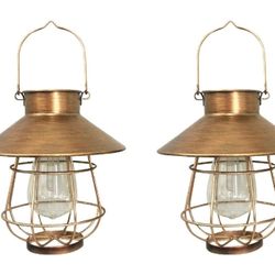 Solar Light Outdoor, 2 Pack Retro Metal Wireless Hanging Solar Lanterns with Warm White Edison Bulb Waterproof for Gazebo Garden Yard Farmhouse Decor 