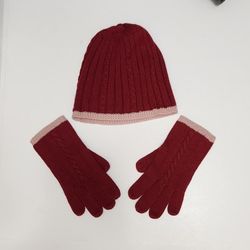 Ann Taylor Loft  Knit Hat/Beanie & Gloves Set Cranberry (Burgundy) PinkTrim 