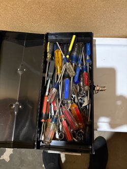 Black Metal Toolbox with Screwdrivers and Tools