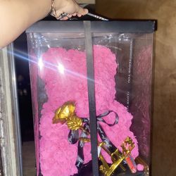 Teddy Bear/ Pink Fake Flowers 