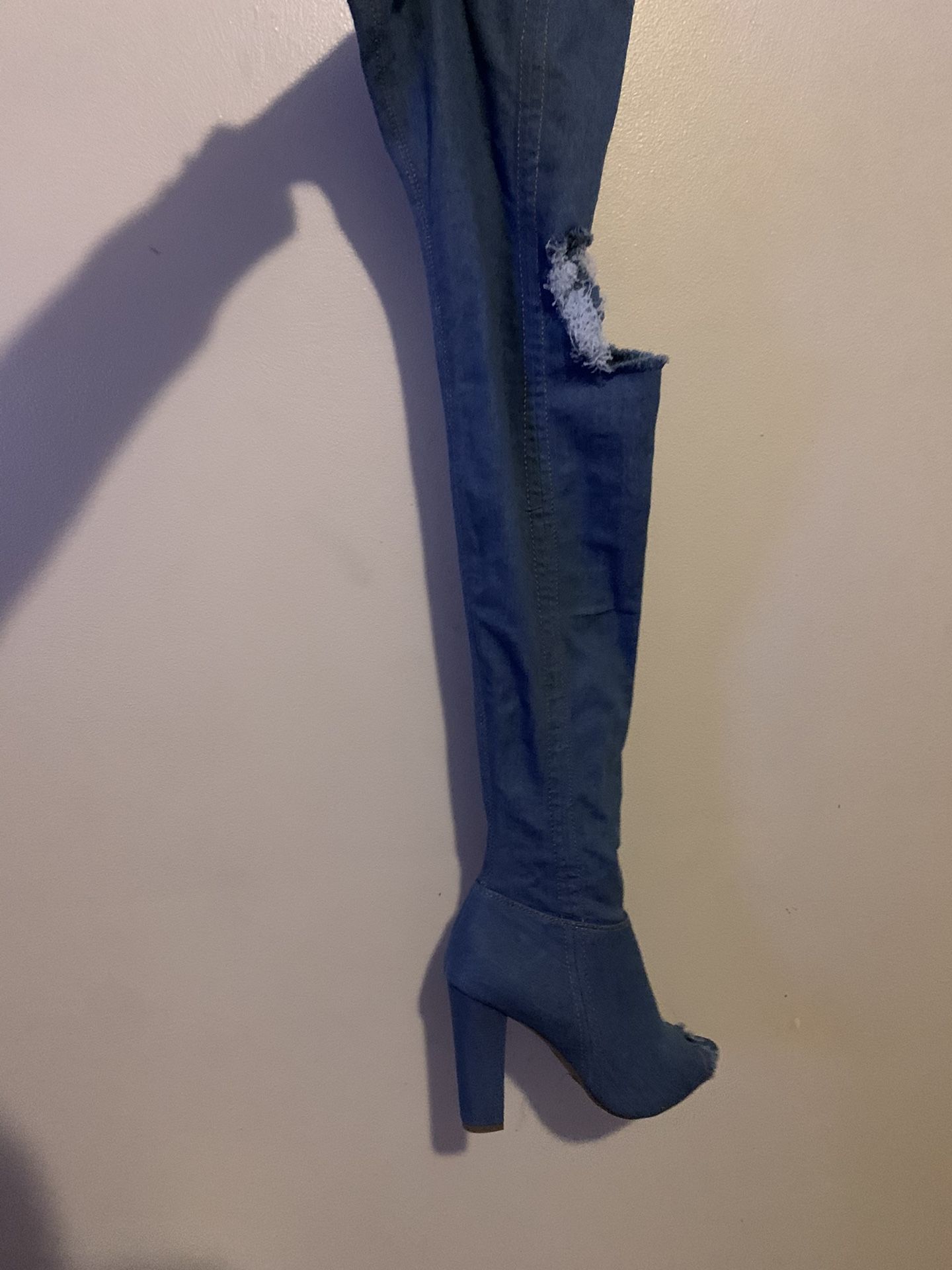 Denim thigh high open toe boot