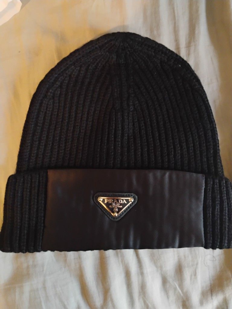 Prada Unisex Black Knit Beanie Hat with Leather Logo Patch