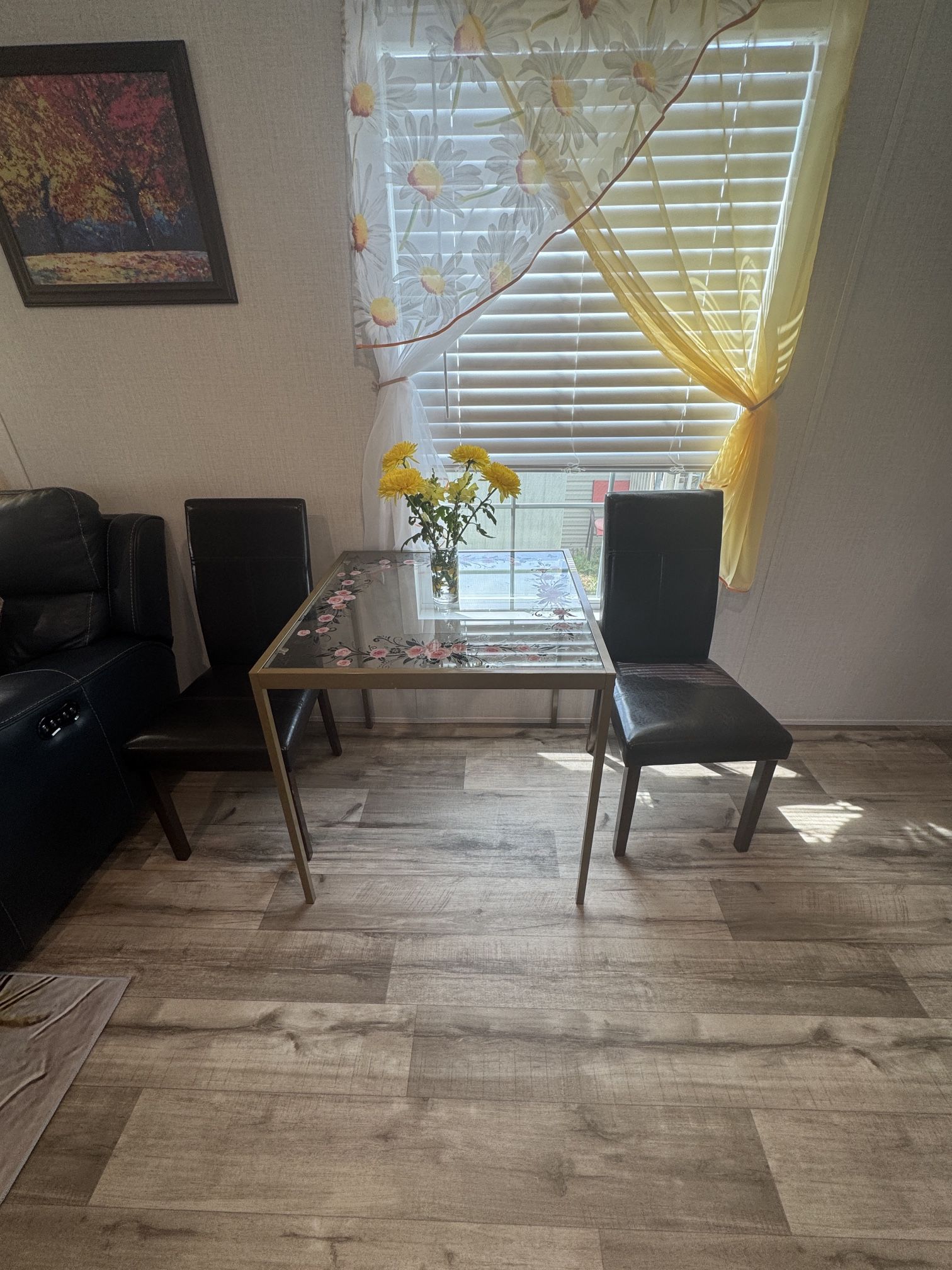 Glass Dining Table And 2 Leather Chairs