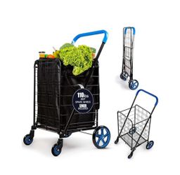 SereneLife Large Folding Utility Shopping Cart with Removable Liner -Heavy Duty, 360° Swivel Wheels, 110 lb Capacity, Portable for Groceries, Laundry