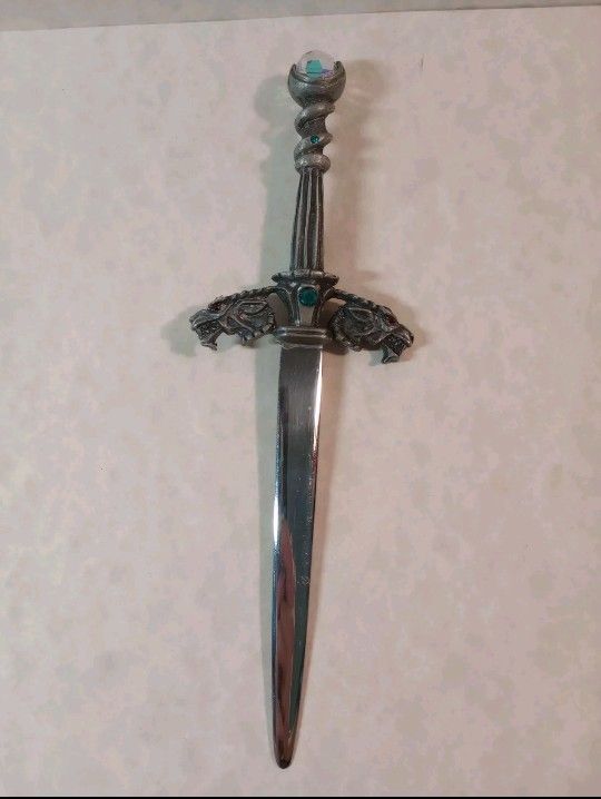 Vintage Sword Pewter And Crystal Dragon Heads Letter Opener
