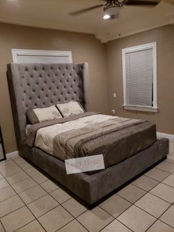 Queen grey bed | Tall Headboard | Velvet