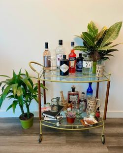 Vintage 1960s Bar Cart – Wood, Brass & Glass