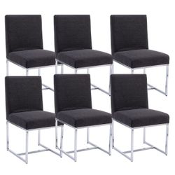 New in box-Modern Dining Chairs Set of 6, Charcoal Linen Upholstered Kitchen & Dining Room Chairs with Chrome Metal Frame, Armless Side Chairs for Liv