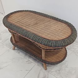 Vintage Boho Wicker 2-Tier Oval Coffee Table 37” x 20”