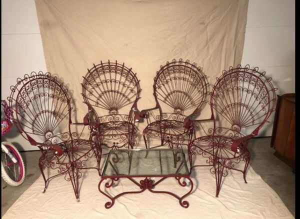 1970 S Wrought Iron Victorian Style Peacock Chair Patio Set W