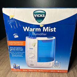 New In Box! Vicks Warm Mist Humidifier VWM845V2 1 Gallon Filterless White Blue