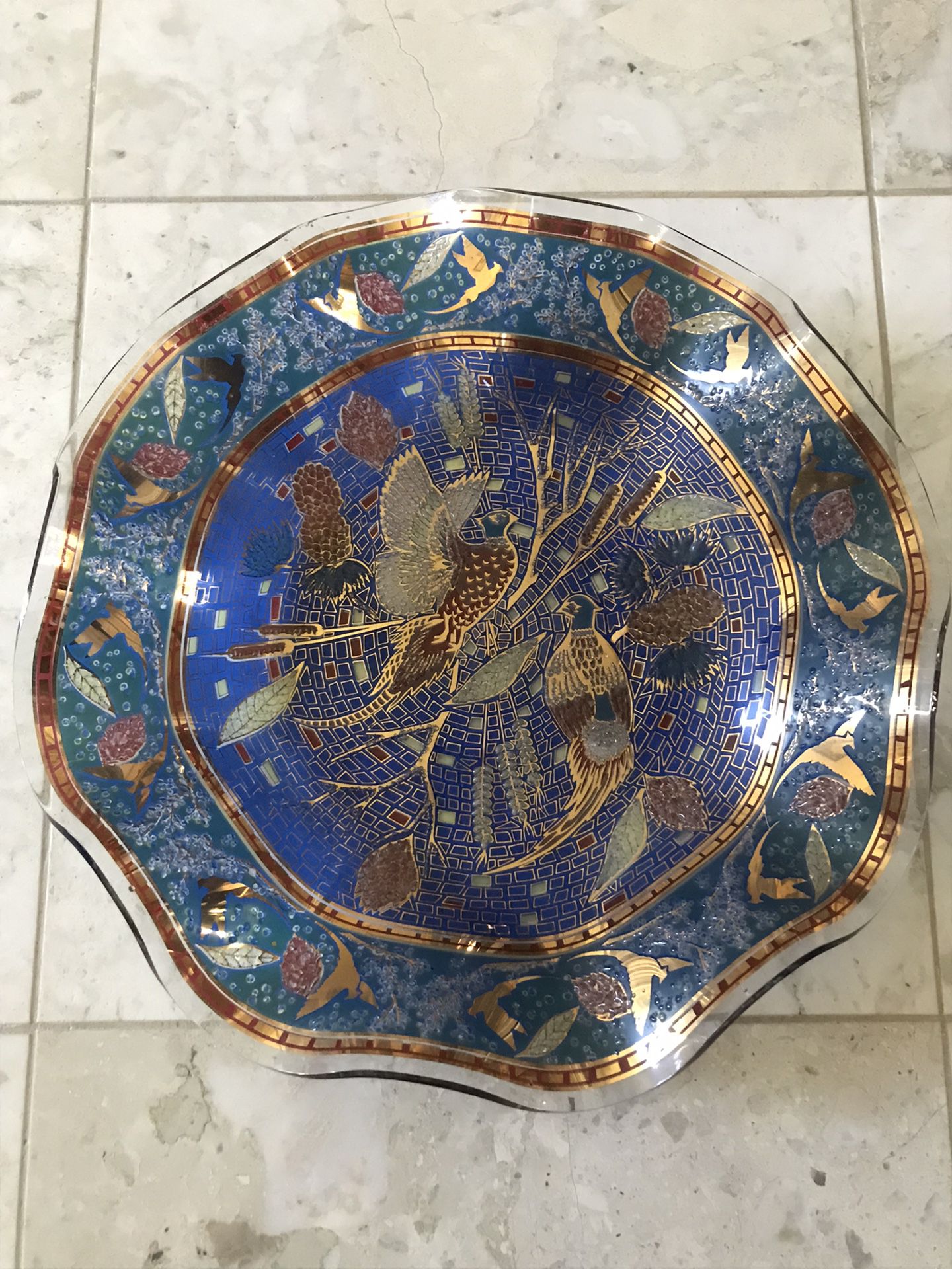 Vintage Houze Art Missed Pheasant Bird Scalloped Edge Glass Dish