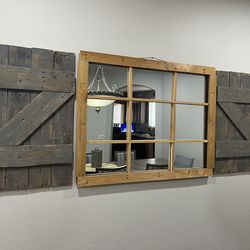 Beautiful Custom Made Farmhouse Style Wall Decor Set, Features Windowpane Mirror Flanked, Rustic Barn Wood Shutters.