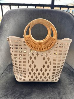 Cream Laser-Cut Tote Bag with Rattan Handles