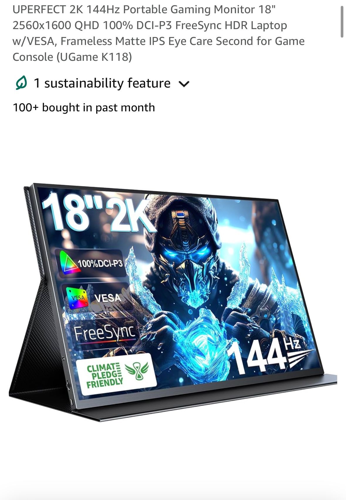 UPERFECT 2K 144Hz Portable Gaming Monitor 18” - Like New!