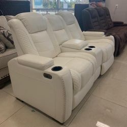 Party Time Power White Reclining Loveseat with Console