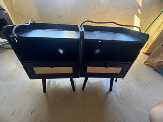 Black Nightstand Set with Rattan Drawer – Pair