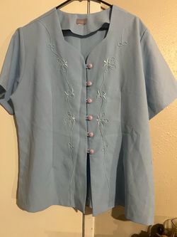New Light Blue Embroidered Button-Front Blouse
