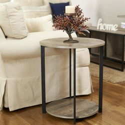Household Essentials Jamestown Round End Table, Ashwood Rustic Wood Grain & Black Metal, New-Open Box